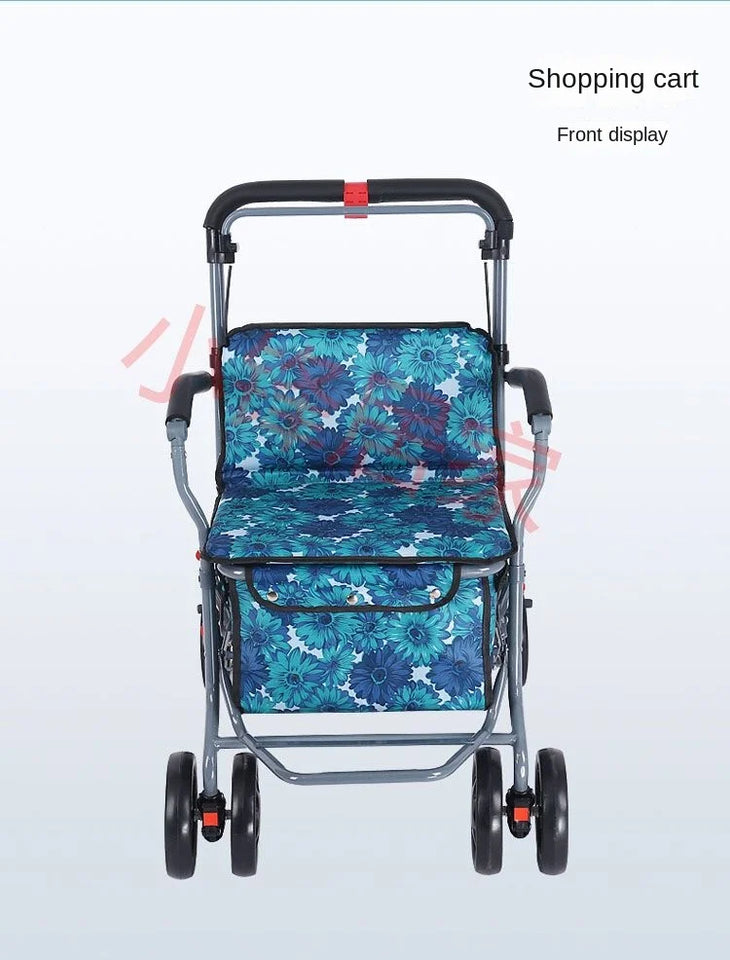 Foldable Four-Wheeled Elderly Shopping Cart Walker – Lightweight Mobility Aid with Walking Stick Support