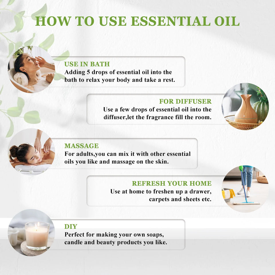 EUQEE 118ml Essential Oils – Lavender, Jasmine, Eucalyptus, Vanilla & Peppermint with Glass Dropper