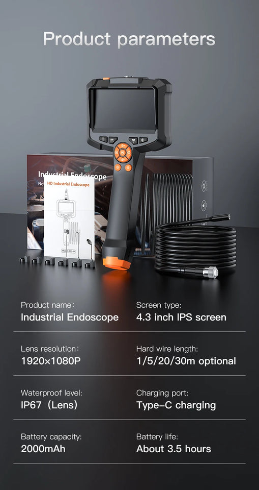 Endoscope Camera with 4.3" IPS HD Screen – 1080P Borescope with 8 LED Lights, IP67 Waterproof Inspection Camera for Automotive & Home Use