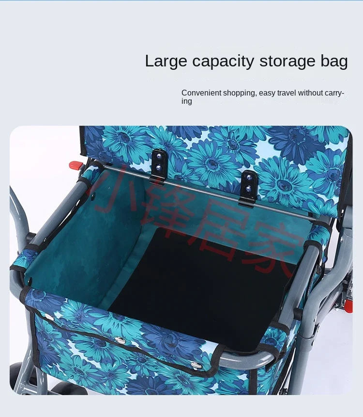 Foldable Four-Wheeled Elderly Shopping Cart Walker – Lightweight Mobility Aid with Walking Stick Support