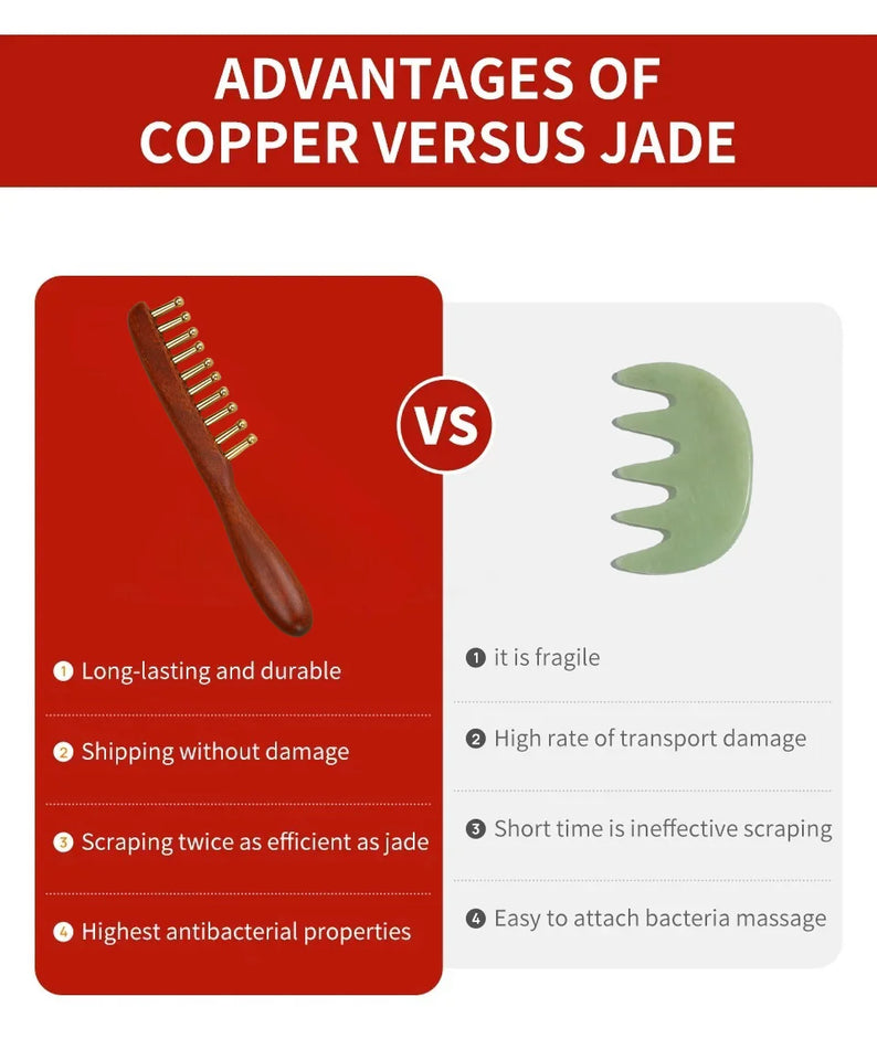 10-Teeth Copper & Wood Massager Comb for Head Meridian Therapy and Relaxation