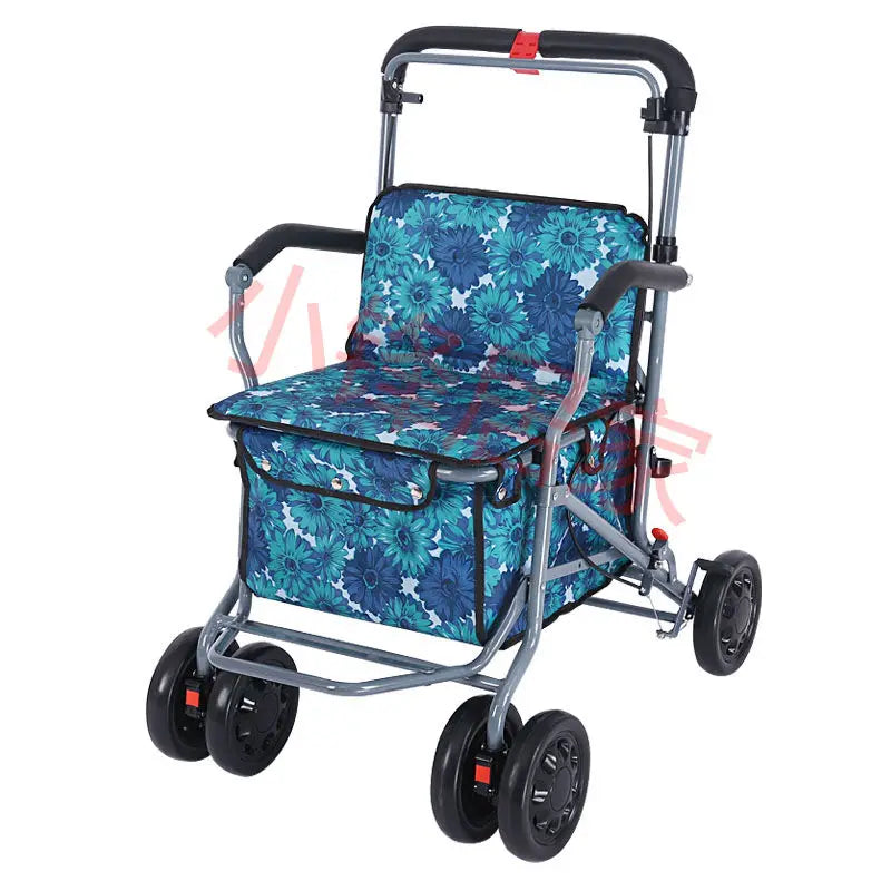 Foldable Four-Wheeled Elderly Shopping Cart Walker – Lightweight Mobility Aid with Walking Stick Support