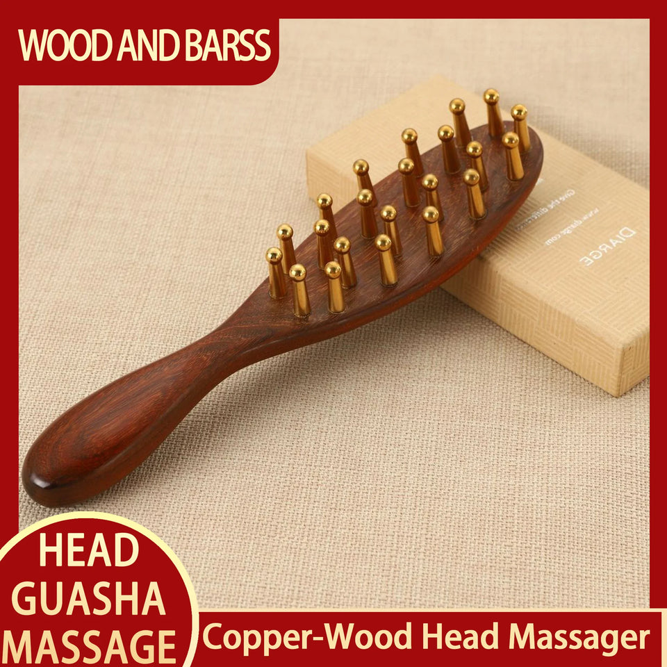 10-Teeth Copper & Wood Massager Comb for Head Meridian Therapy and Relaxation