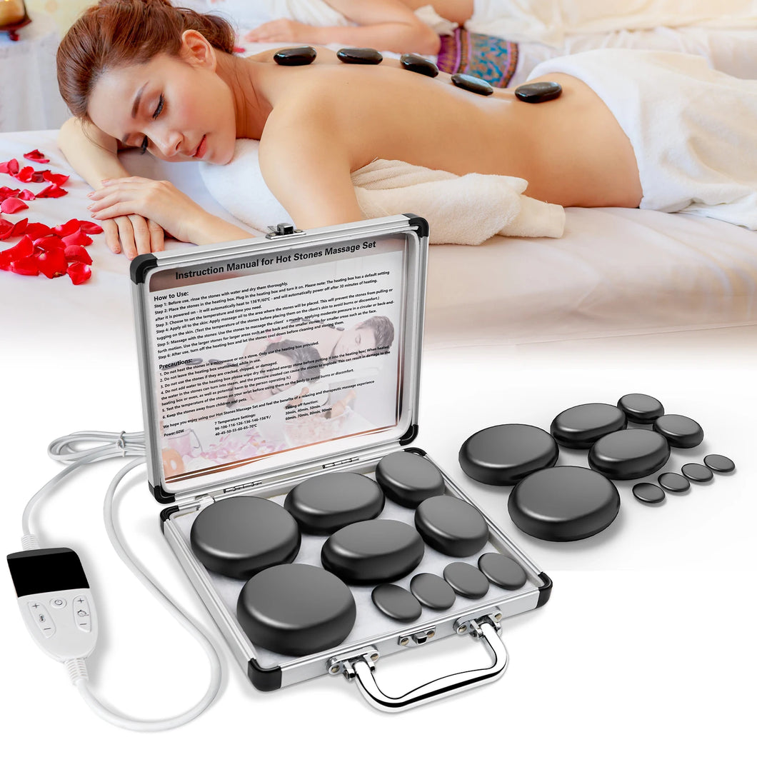 HOT STONE MASSAGE SET WITH TEMPERATURE ADJUSTMENT - Hot Stone Massage Set with Heater, Professional Spa Massage Tool - For Neck,