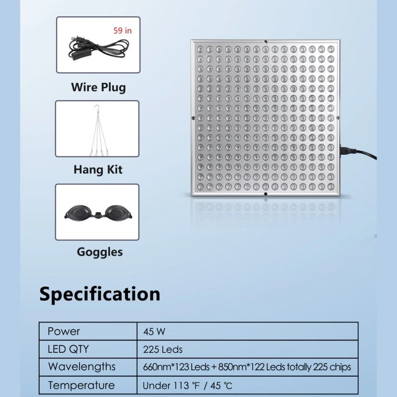 LED Red Light Therapy Panel Lamp – 225 LEDs for Facial Anti-Aging, Skin Care & Body Pain Relief