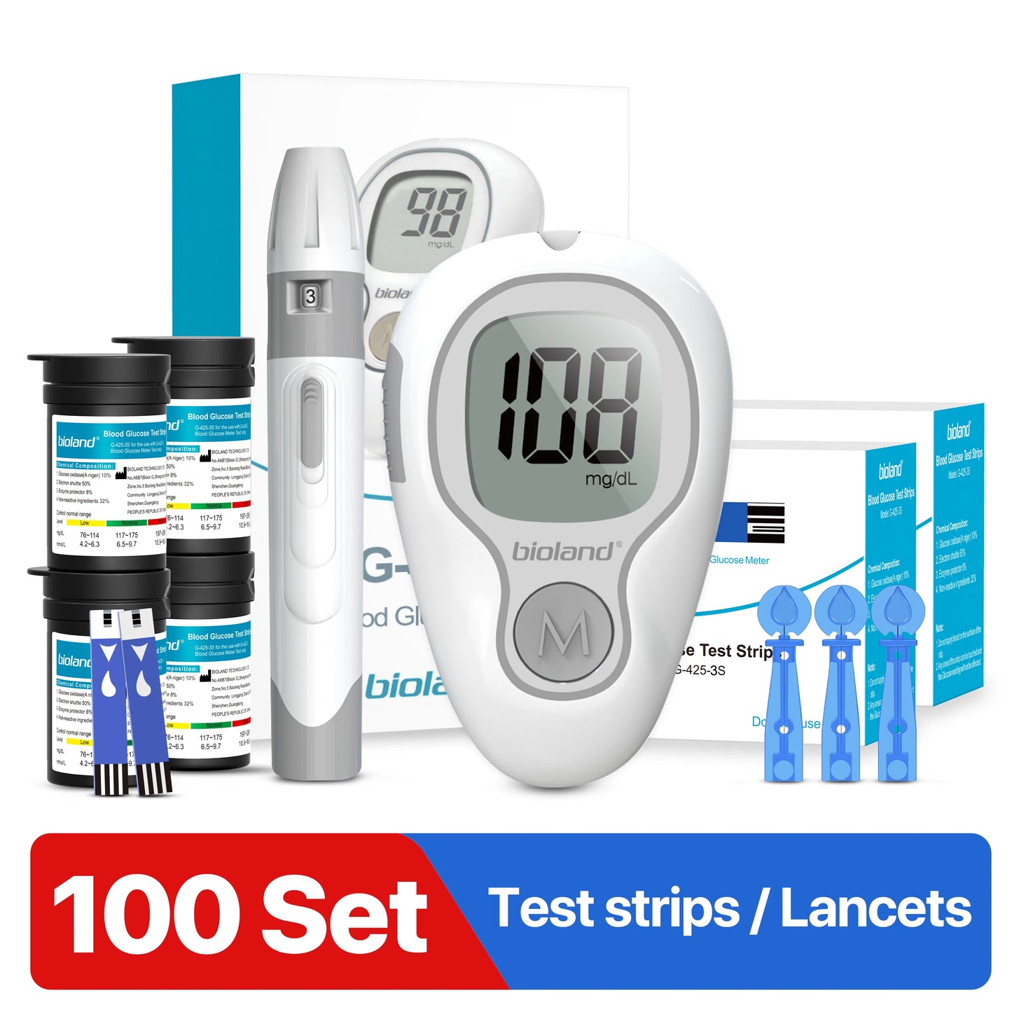 LinkSun G‑425‑3 Blood Glucose Meter Kit – No‑Coding, Large Display, Includes 10/50/100 Strips & Lancets