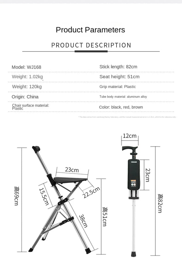 Foldable Walking Stick with Seat – Multi-Functional Non-Slip Crutch Chair for Elderly & Outdoor Use