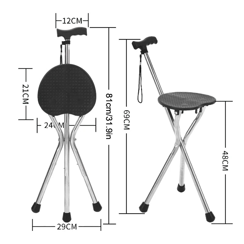 Telescopic Folding Crutch Chair – Three-Legged Walking Stick & Cane Stool for Elderly Stability