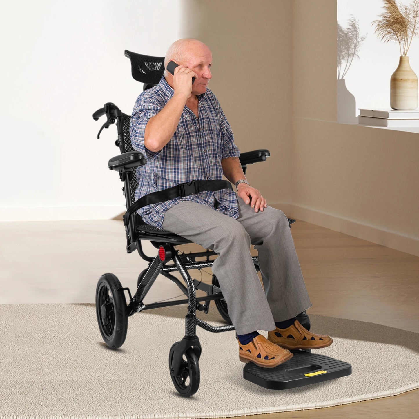 Super Lightweight Reclining Travel Wheelchair – Portable Folding Transport Chair with Adjustable Headrest for Seniors
