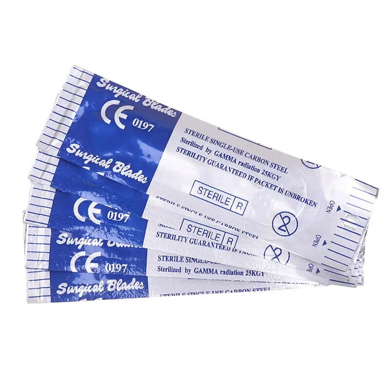 100PCS Sterile Dental Surgical Blades – Carbon Steel Scalpel Knives with Handle for Medical, Beauty, and DIY Repairs