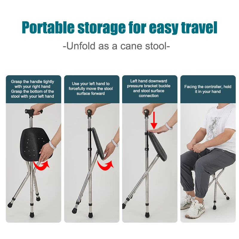 Telescopic Folding Crutch Chair – Three-Legged Walking Stick & Cane Stool for Elderly Stability