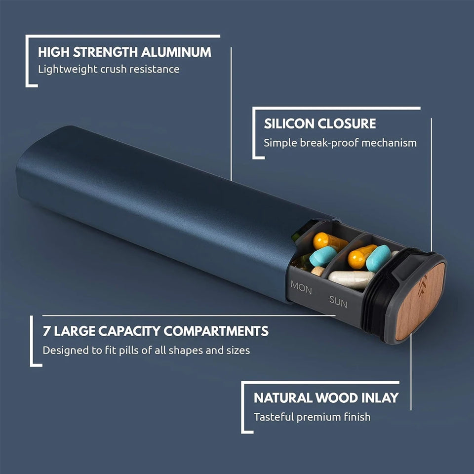 7-Day Premium Aluminum Pill Organizer – Large Capacity Weekly Pill Box for Vitamins, Supplements & Medicine