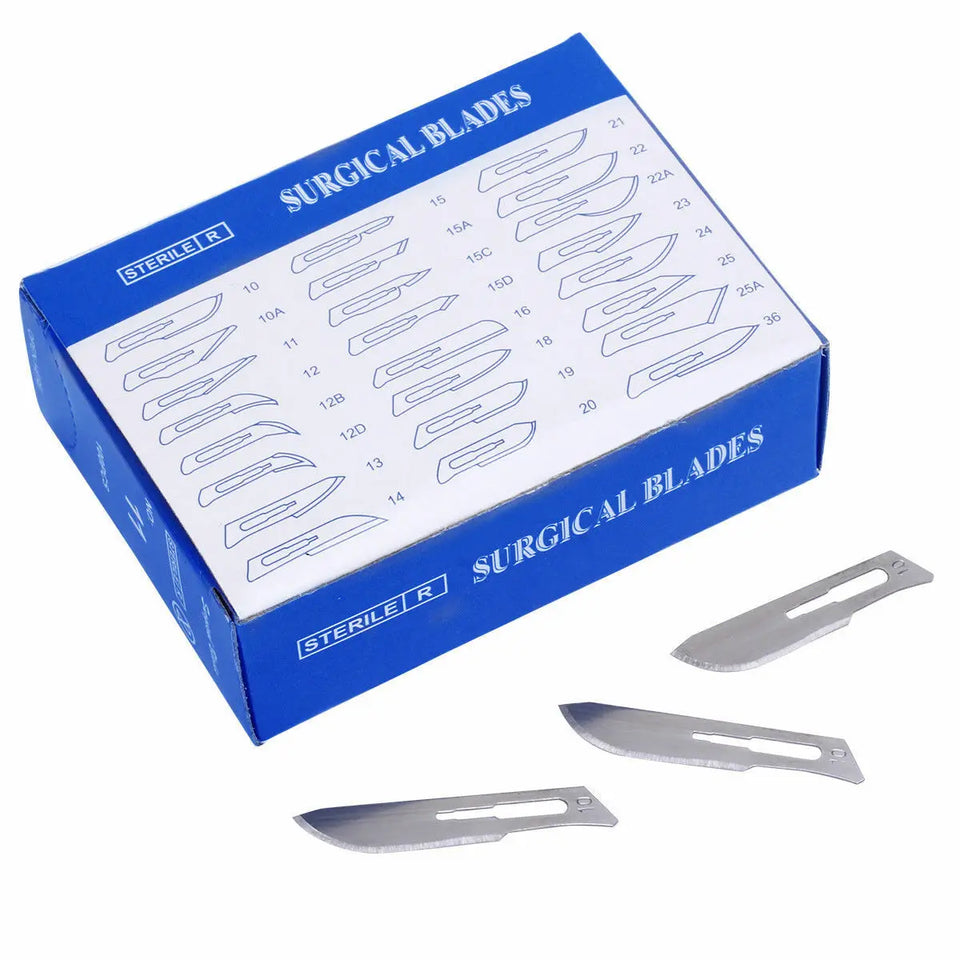 100PCS Sterile Dental Surgical Blades – Carbon Steel Scalpel Knives with Handle for Medical, Beauty, and DIY Repairs