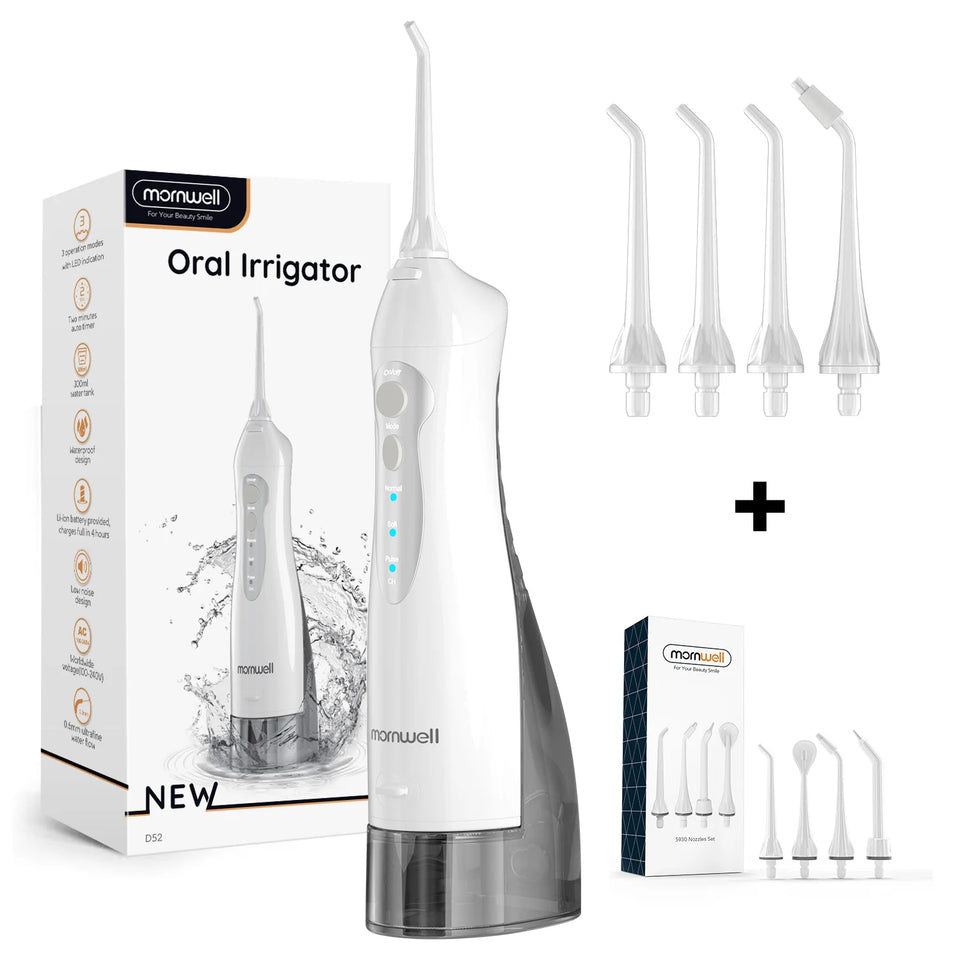 D52 Portable Oral Irrigator & Dental Water Flosser – 300ML, 4 Jet Tips, USB Rechargeable