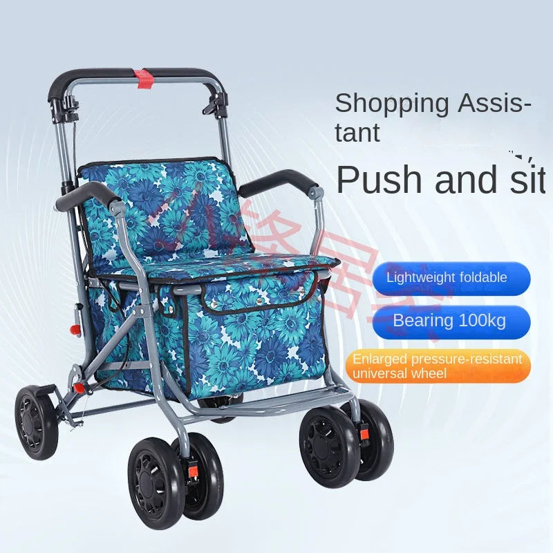 Foldable Four-Wheeled Elderly Shopping Cart Walker – Lightweight Mobility Aid with Walking Stick Support