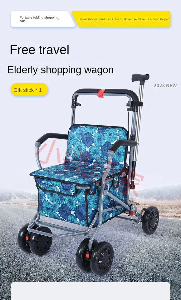 Foldable Four-Wheeled Elderly Shopping Cart Walker – Lightweight Mobility Aid with Walking Stick Support