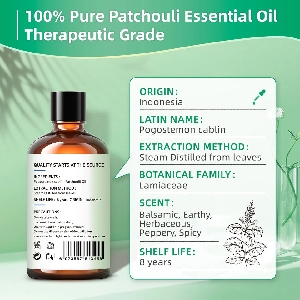 HIQILI 100ml Patchouli Essential Oil – 100% Pure Natural for Aromatherapy, Diffusers, Massage & Candle Making