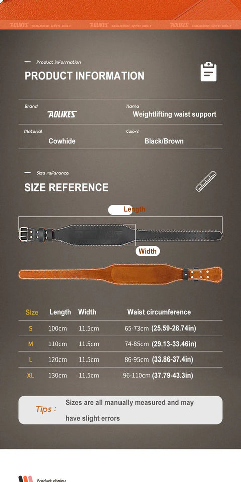 AOLIKES Cowhide Weightlifting Belt – Lumbar Support Gym Belt for Squats & Bodybuilding