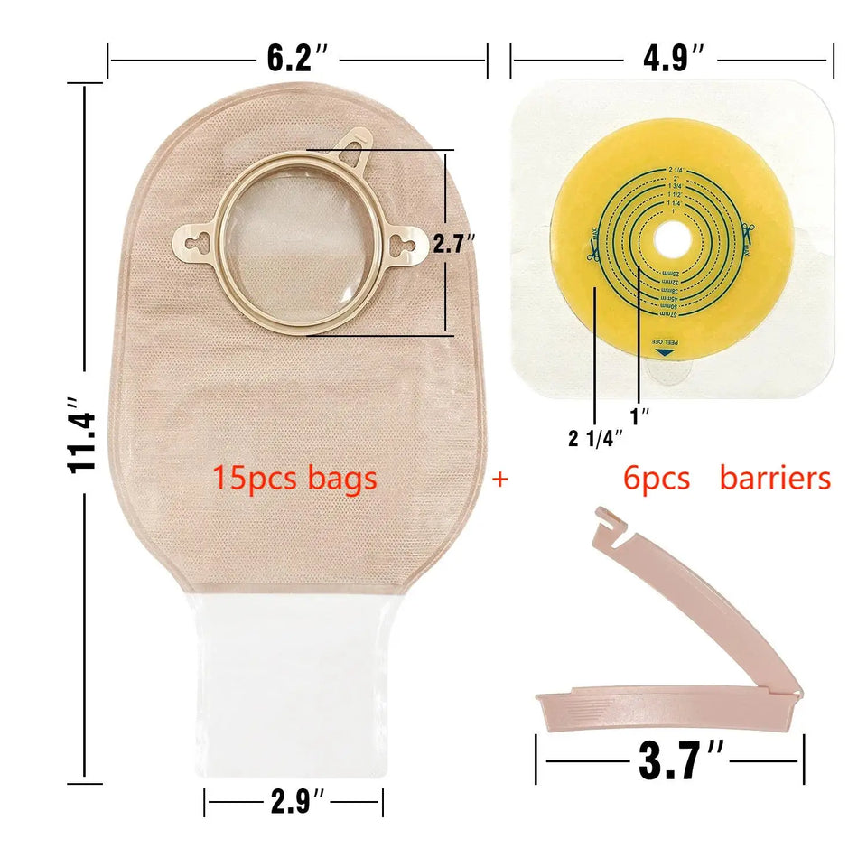 Two-Piece Colostomy Bag Set with Clamp Clips – 10 or 15 Bags + 6 Barriers for Ostomy Patient Care