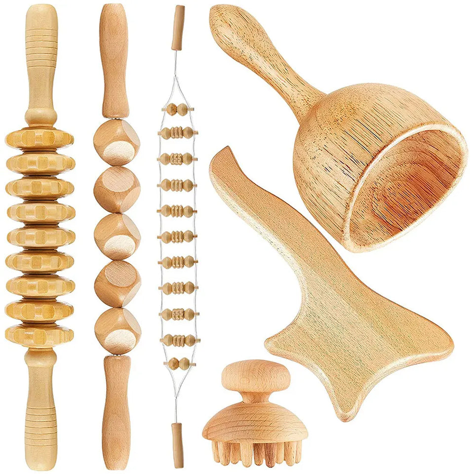 6-in-1 Wood Therapy Massage Roller – Lymphatic Drainage & Anti-Cellulite Massager