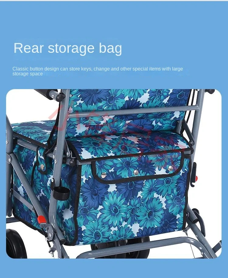 Foldable Four-Wheeled Elderly Shopping Cart Walker – Lightweight Mobility Aid with Walking Stick Support