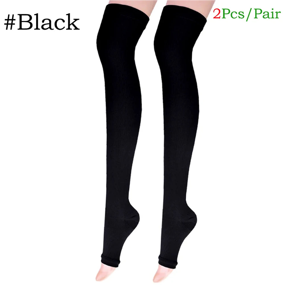 1 Pair Open Toe Thigh High Compression Stockings with Silicone Band – 20-30mmHg Graduated Support for Varicose Veins