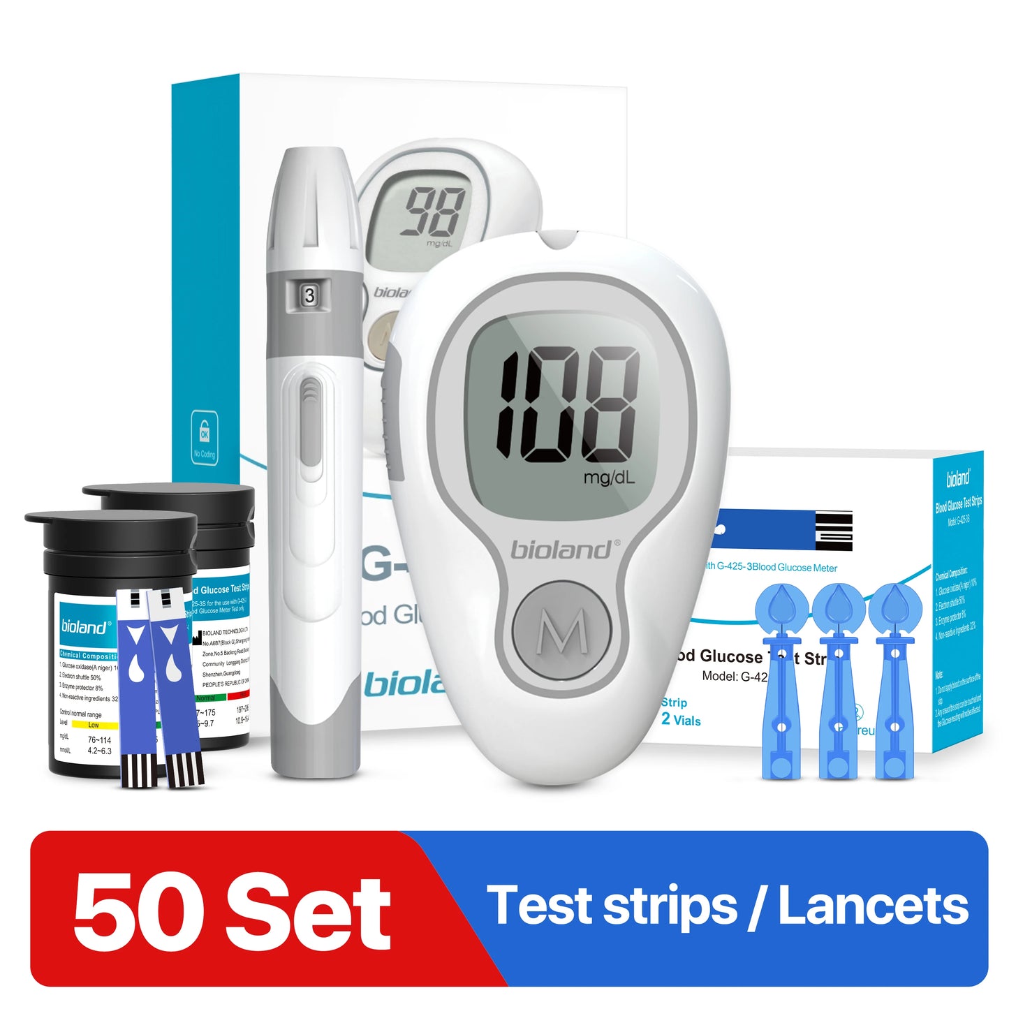 LinkSun G‑425‑3 Blood Glucose Meter Kit – No‑Coding, Large Display, Includes 10/50/100 Strips & Lancets