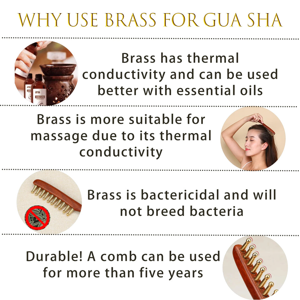 10-Teeth Copper & Wood Massager Comb for Head Meridian Therapy and Relaxation