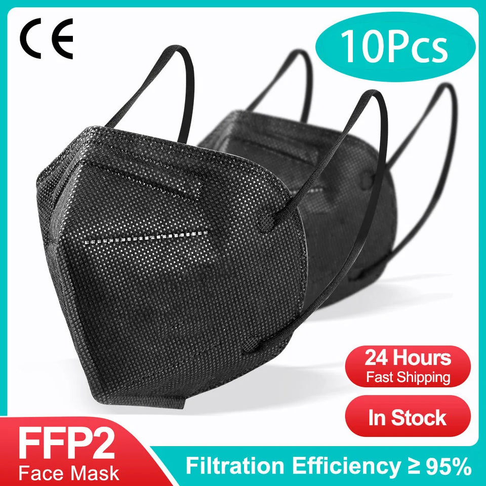 FFP2/KN95 Black Face Masks – 5-Layer CE Approved Respirator for Adults (10–200pcs)