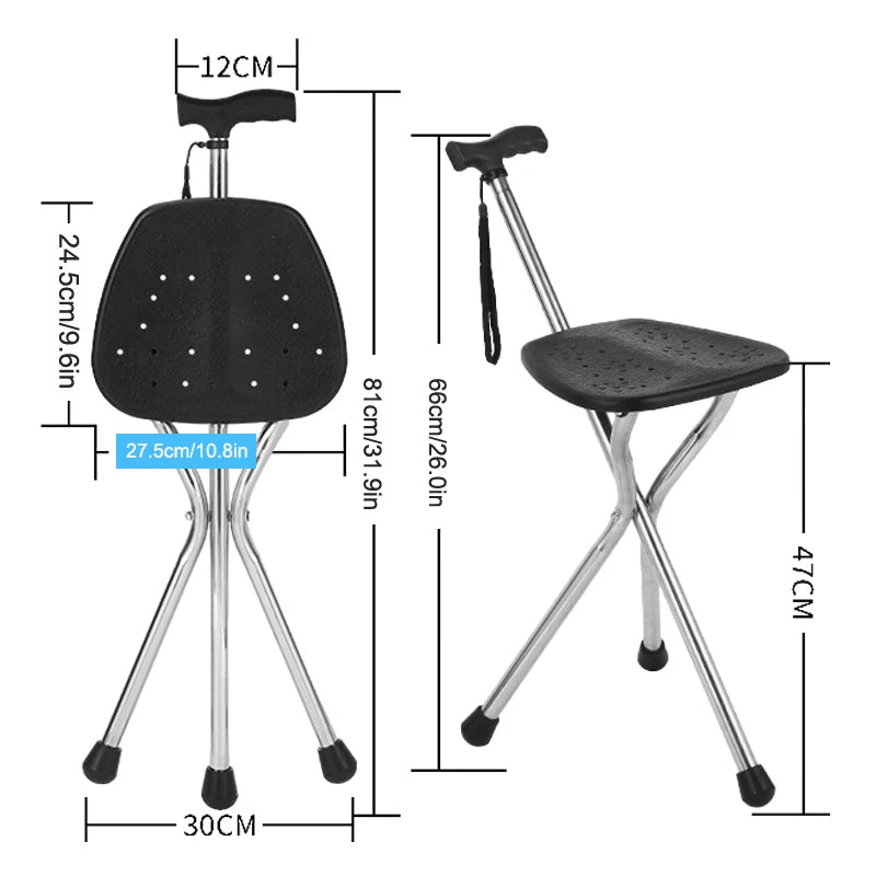 Telescopic Folding Crutch Chair – Three-Legged Walking Stick & Cane Stool for Elderly Stability