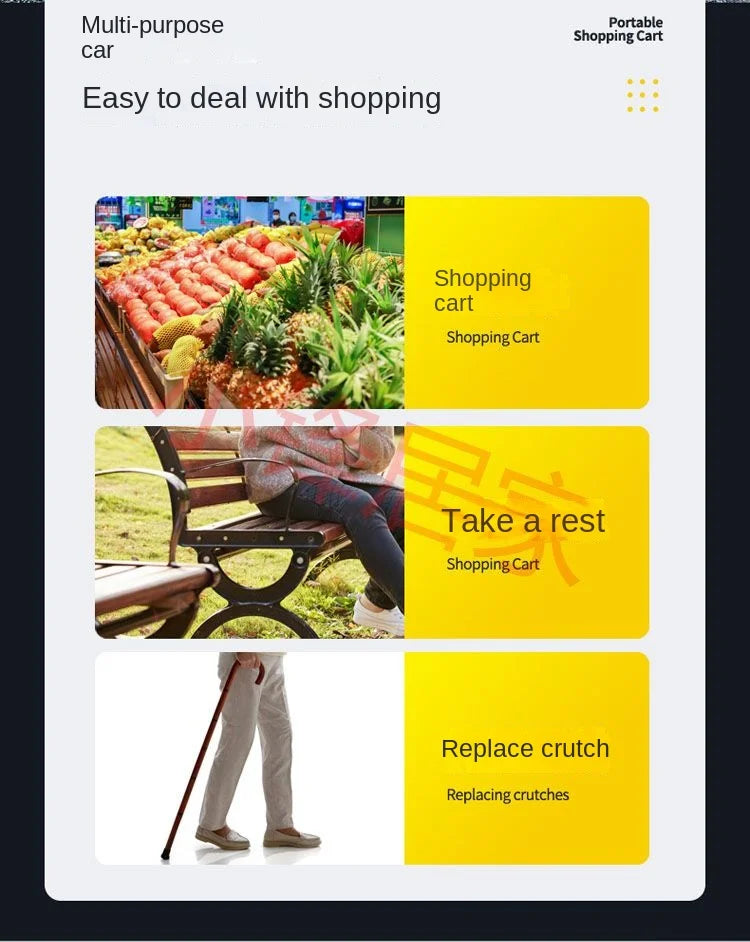 Foldable Four-Wheeled Elderly Shopping Cart Walker – Lightweight Mobility Aid with Walking Stick Support