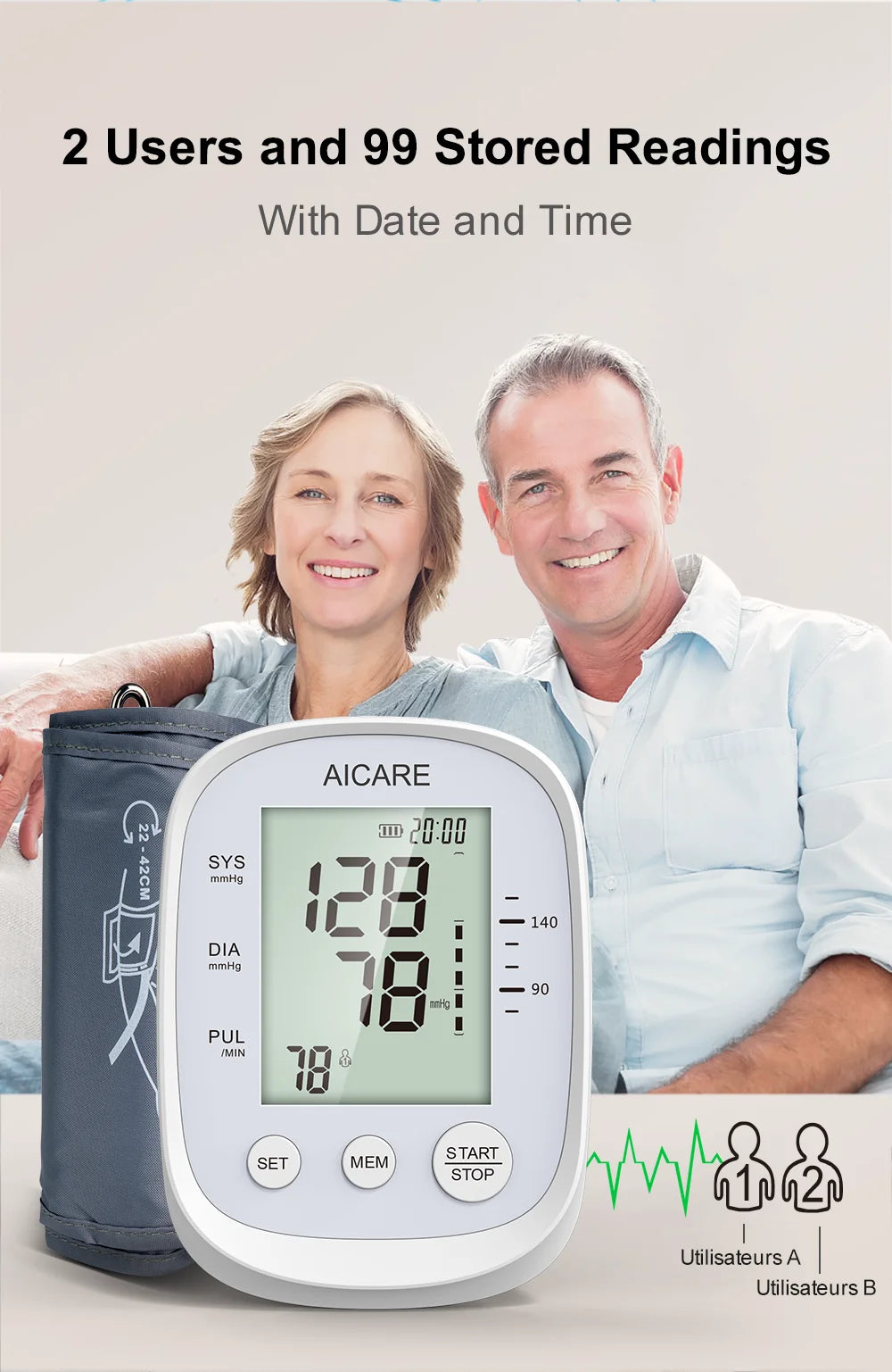 Aicare Digital Upper Arm Blood Pressure Monitor – Automatic BP & Pulse Rate Tracker with Large Adjustable Cuff
