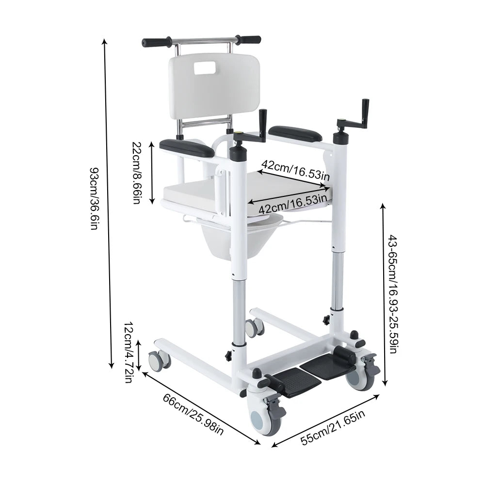 Heavy Duty Lift Transfer Chair – 264 lbs Capacity, 4 Silent Braked Wheels, Shower Commode Wheelchair for Elderly & Disabled