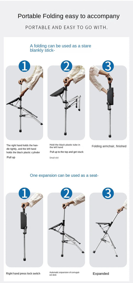 Foldable Walking Stick with Seat – Multi-Functional Non-Slip Crutch Chair for Elderly & Outdoor Use
