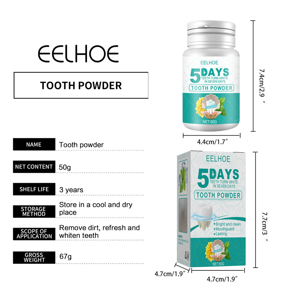 EELHOE Teeth Whitening Powder – 5-Day Stain & Tartar Remover, Fresh Breath, Yellow Teeth Cleaner (50g)