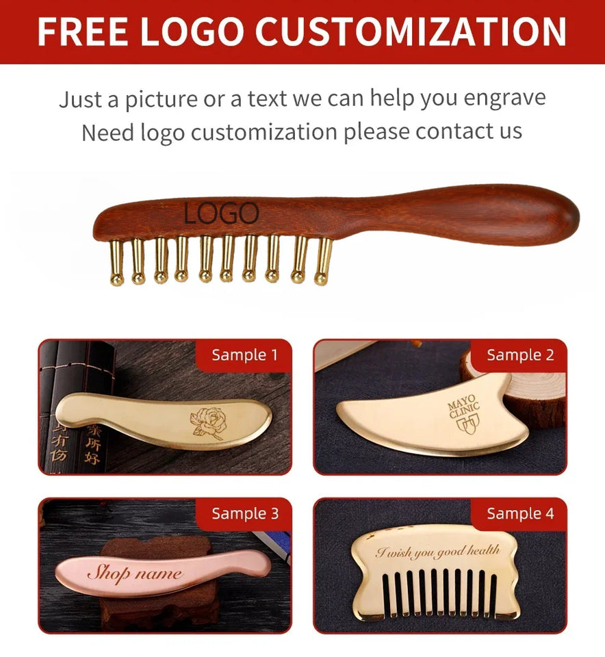 10-Teeth Copper & Wood Massager Comb for Head Meridian Therapy and Relaxation