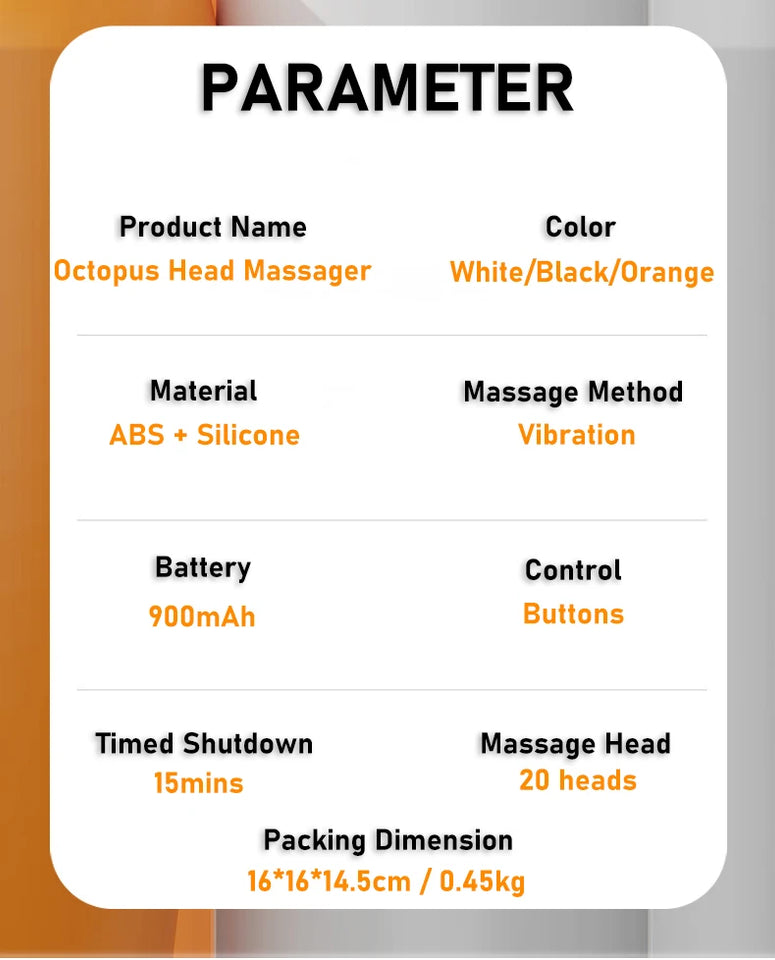 20Massage Heads Orange Scalp Head Massager Red Light Vibrator Octopus Scratcher For Relaxation Stress Migraine