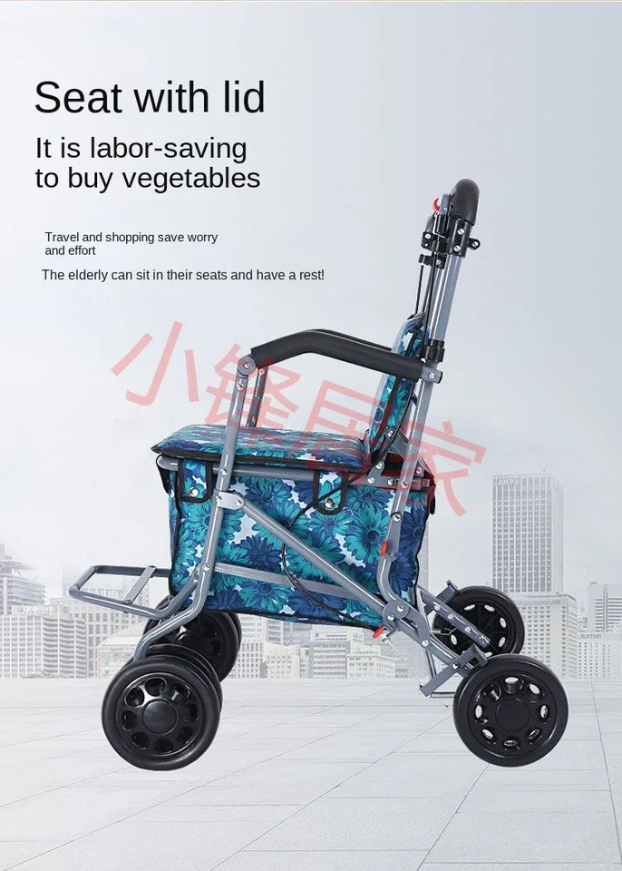 Foldable Four-Wheeled Elderly Shopping Cart Walker – Lightweight Mobility Aid with Walking Stick Support