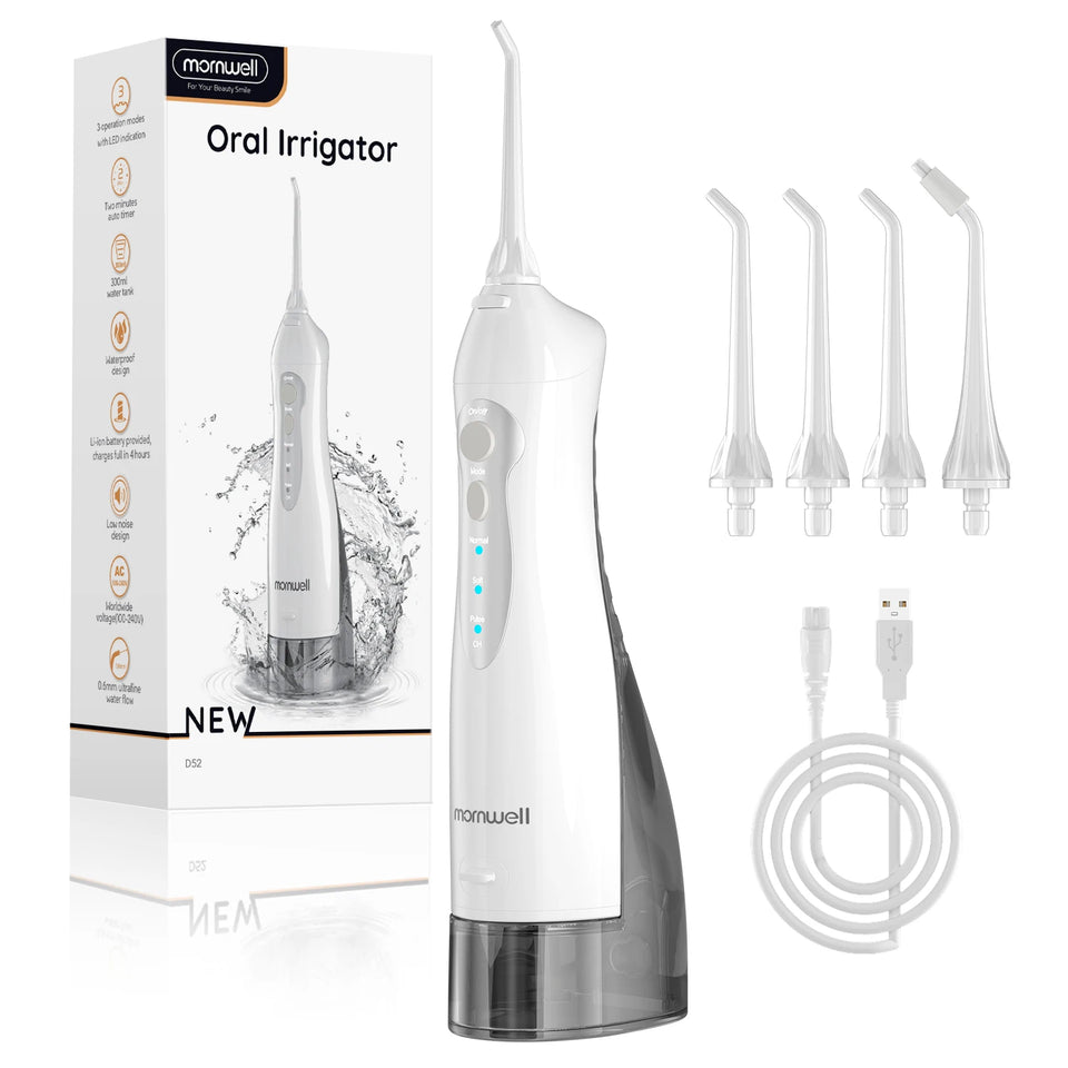 D52 Portable Oral Irrigator & Dental Water Flosser – 300ML, 4 Jet Tips, USB Rechargeable
