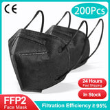 FFP2/KN95 Black Face Masks – 5-Layer Protective Respirator for Adults (10–200pcs, CE Certified)