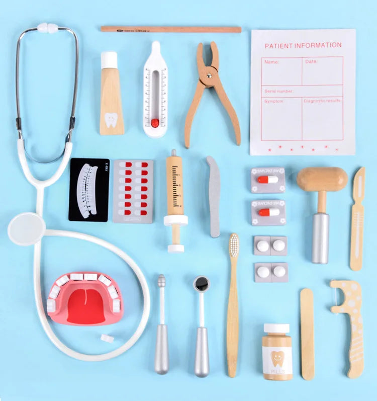 Wooden Pretend Play Doctor Educational Toys for Children Simulation Dentist Check Brush Teeth Medicine Set Role Playing Games