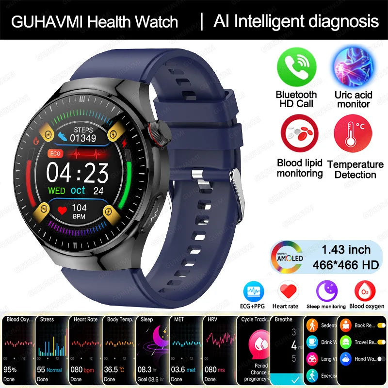 2025 Nursing-Grade Health Smartwatch – ECG+PPG, Blood Oxygen, Blood Lipid, Uric Acid, Body Temperature & Bluetooth Call