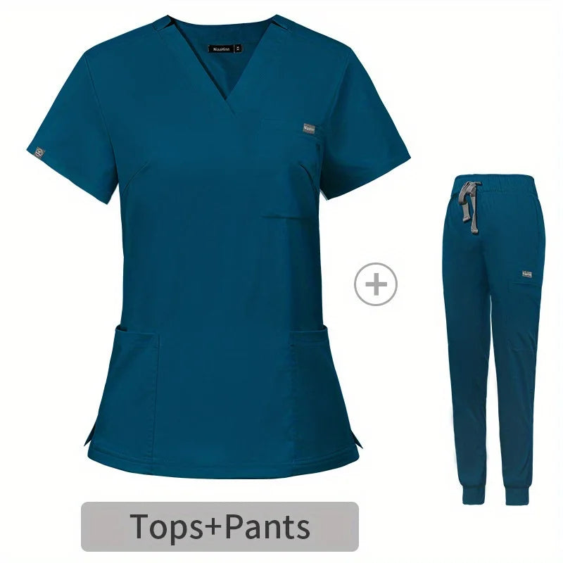 Women's V-Neck Medical Scrub Set – Short Sleeve Uniform for Nurses, Doctors, ICU, Veterinary & Beauty Staff