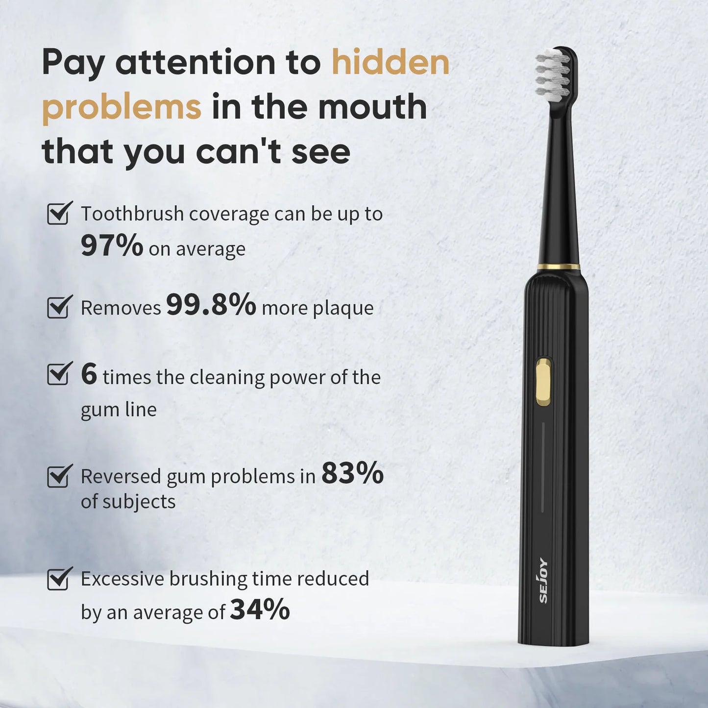 SEJOY Sonic Electric Toothbrush – Smart Rechargeable Toothbrush with 3 Modes, IPX7 Waterproof, for Deep Oral Cleaning