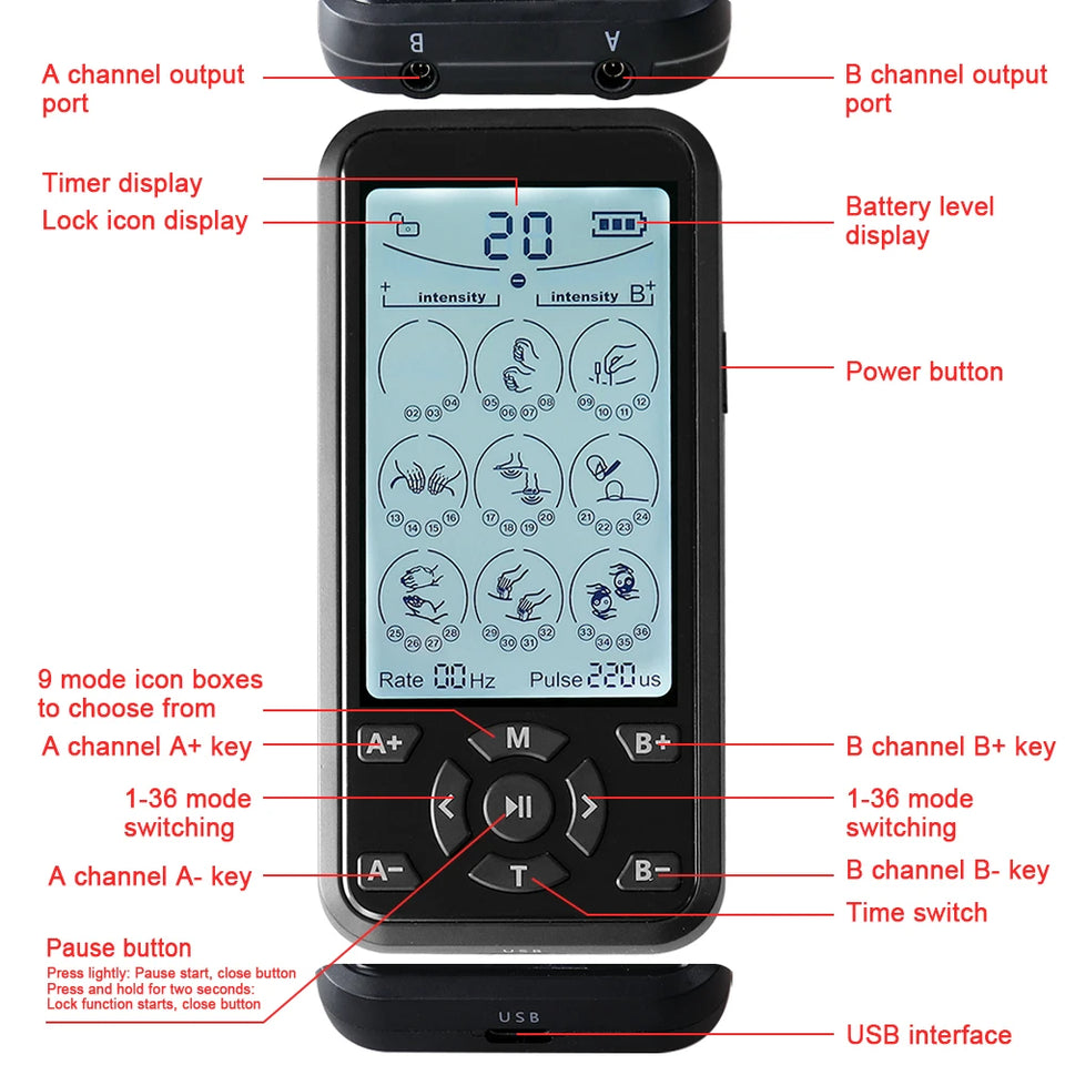 TENS EMS Machine 36 Modes Electronic Muscle Stimulator Physiotherapy Pulse Full Body Massager Health Care Device with 10pcs Pads