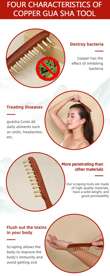 10-Teeth Copper & Wood Massager Comb for Head Meridian Therapy and Relaxation