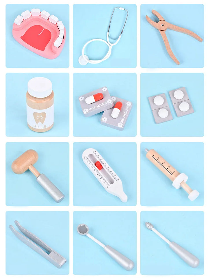 Wooden Pretend Play Doctor Educational Toys for Children Simulation Dentist Check Brush Teeth Medicine Set Role Playing Games