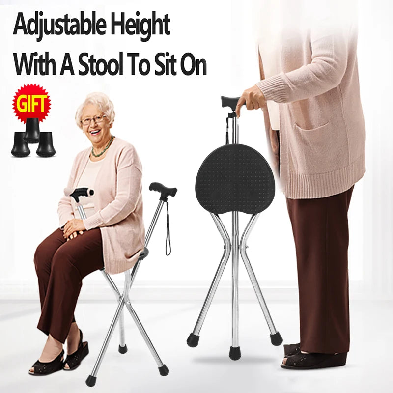 Telescopic Folding Crutch Chair – Three-Legged Walking Stick & Cane Stool for Elderly Stability