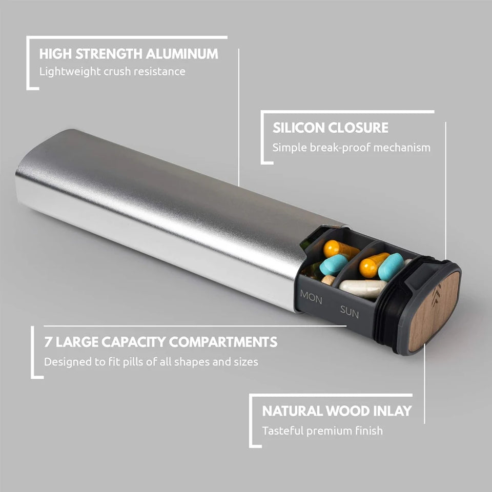 7-Day Premium Aluminum Pill Organizer – Large Capacity Weekly Pill Box for Vitamins, Supplements & Medicine