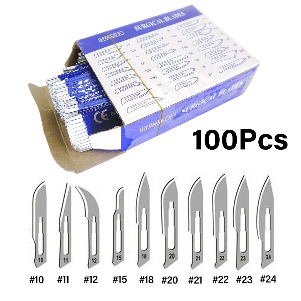 100PCS Sterile Dental Surgical Blades – Carbon Steel Scalpel Knives with Handle for Medical, Beauty, and DIY Repairs